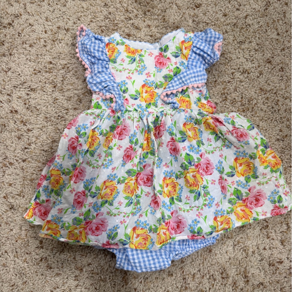 Pippa & Julie Yellow, Pink & Blue Floral Gingham Diaper Cover Dress